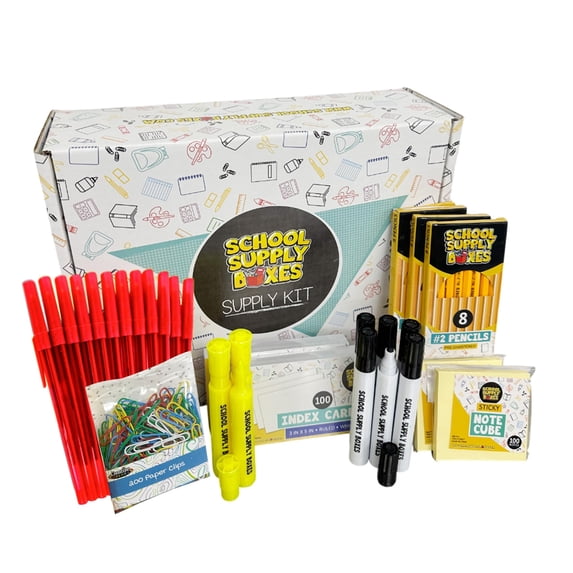 School Supply Boxes | Teacher Bundle (1 Box) | Back to School Essentials Kit for Teachers | Includes Pencils, Red Pens, Sticky Notes, Index Cards, Dry Erase Markers, Highlighters, & More
