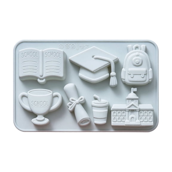School Theme Baking Mold Seven Cavity Academy Shapes Including Trophy Backpack And Building For Chocolate Candy Fondant Soap Crafting Dessert Accessory , 1Pack Sky Blue