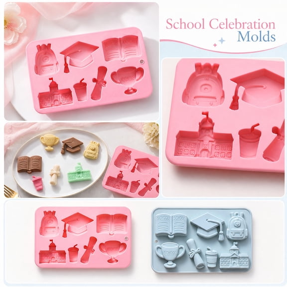 School Theme Baking Mold Seven Cavity Academy Shapes Including Trophy Backpack And Building For Chocolate Candy Fondant Soap Crafting Dessert Accessory , 1Pack Pink