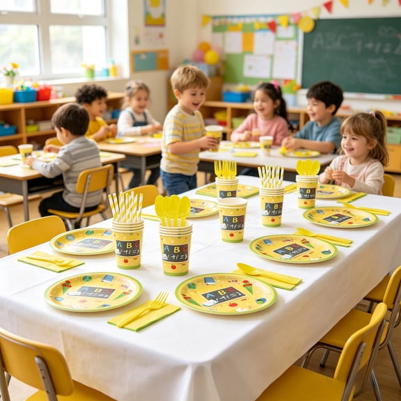 School Themed Party Supplies Set Disposable Tableware Kit Yellow Classroom Design Paper Cup Plate Napkin Fork Spoon Straw for Classroom Celebration Birthday Graduation Student Event