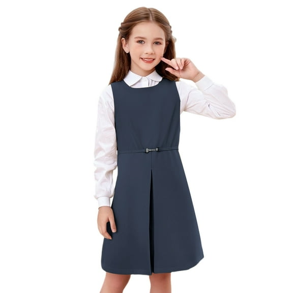 School Uniform Dress Cute Pleated Knee Length Sleeveless Navy Uniform Jumper Girls School Dress 8-9 Years
