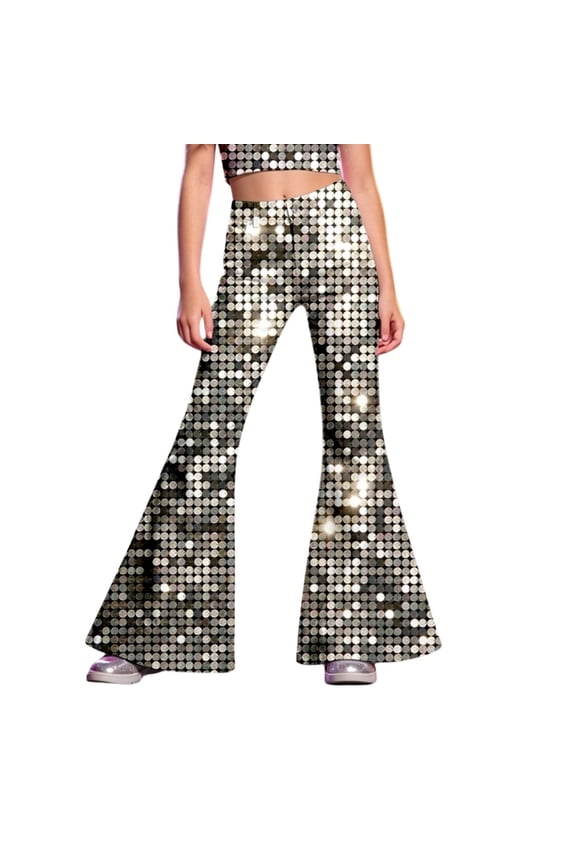 School Uniform Dress for Girls Glitter Stage Pants for Kids Sparkling Sequined Dance Trousers for Girls Performance Wear School Activities White 5-6 Years