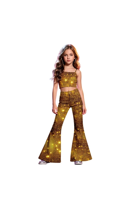 School Uniform Dress for Girls Pants for Kids Sparkling Tanf Slim Fit Trousers for Girls Stage Dancewear Daily Wear with Sequin Shine Yellow 5-6 Years