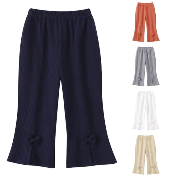 School Uniform Dress for Girls Soft Casual Trousers for TODDLER GIRLS Knit Ribbed Bottom Pants with Bow Detail Elastic Waist Stretchy Everyday Wear for School 1-8 Blue 3-4 Years