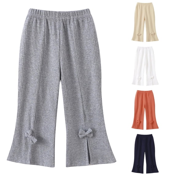 School Uniform Dress for Girls Soft Casual Trousers for TODDLER GIRLS Knit Ribbed Bottom Pants with Bow Detail Elastic Waist Stretchy Everyday Wear for School 1-8 Gray 2-3 Years