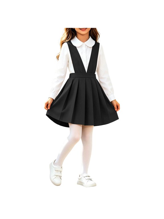 School Uniform Dresses Girls Pleated V Neck Casual Jumper Ruffle Sleeveless Cute Overall Dress Black, Size 3 Y