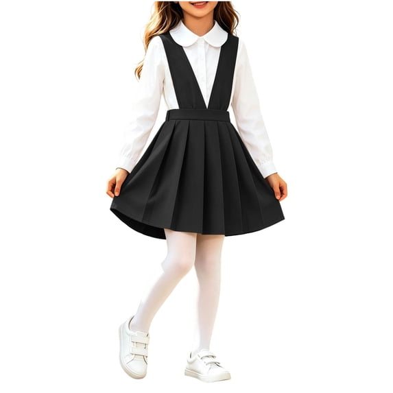School Uniform Dresses Girls Pleated V Neck Casual Jumper Ruffle Sleeveless Cute Overall Dress Black, Size 7 Y
