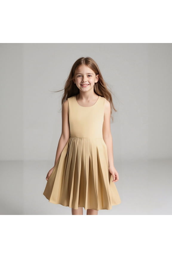 School Uniform Dresses for Girls Cute Pleated Knee Length Sleeveless A-Khaki Uniform Jumper Girls Uniforms 5-6 Years