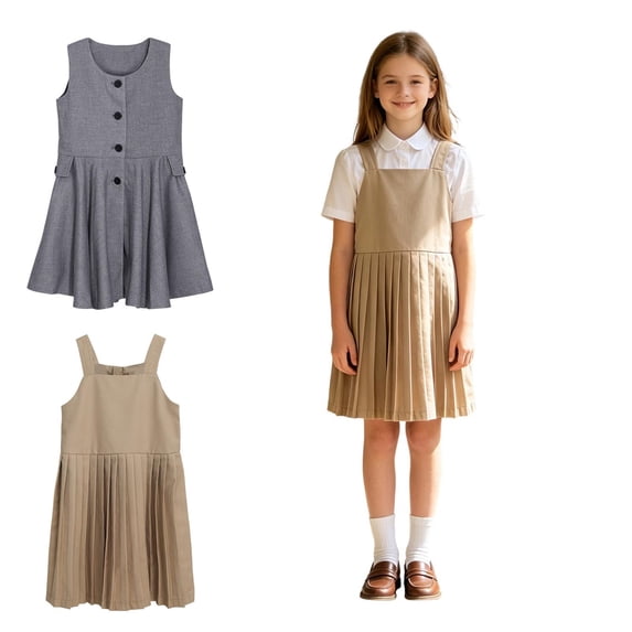 School Uniform Dresses for Girls Sleeveless Uniform Jumper Dress A-Line Pleated Hem Khaki Dress Girls Fashion 3-4 Years