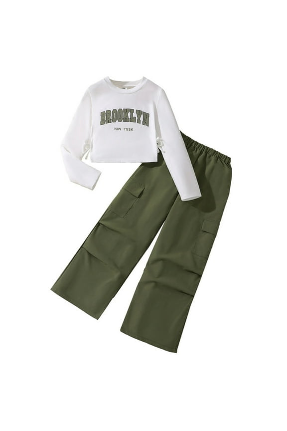 School Uniform for Girls - Casual Set Long Sleeve Sweatshirt Cargo Jogger Pants Outfit Two Piece Street Style School Comfortable Wear - Back To School Outfits for Girls,Color:Green,Size:9-10 Years