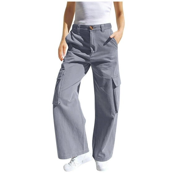 School Uniform for Girls Pants New Girls Cargo Pants Baggy Kids High Waist Sweatpants with Pockets Loose Straight Wide Leg Casual Trousers Gray 8-9 Years