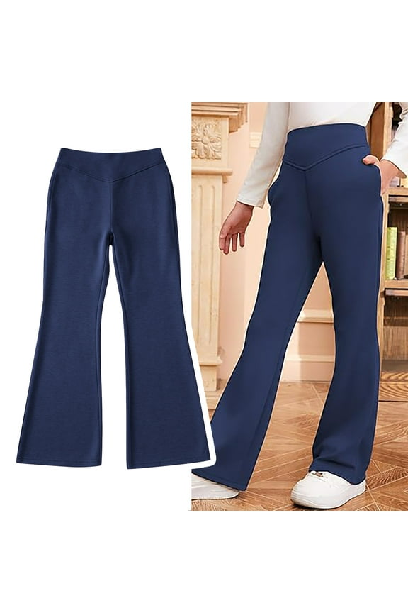 School Uniform for Girls Skinny Fit Stretch Pants with Pockets Flare Leg Pants Navy Blue Uniform Pants Back to School Clothes for Teen Girls Kids Preppy Clothes 5-6 Years