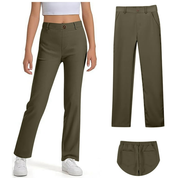 School Uniform for Girls Skinny Fit Stretch Pants with Pockets Straight Pants Army Green Pants Back to School Clothes for Teen Girls Kids Clothes for Girls 11-12 Years