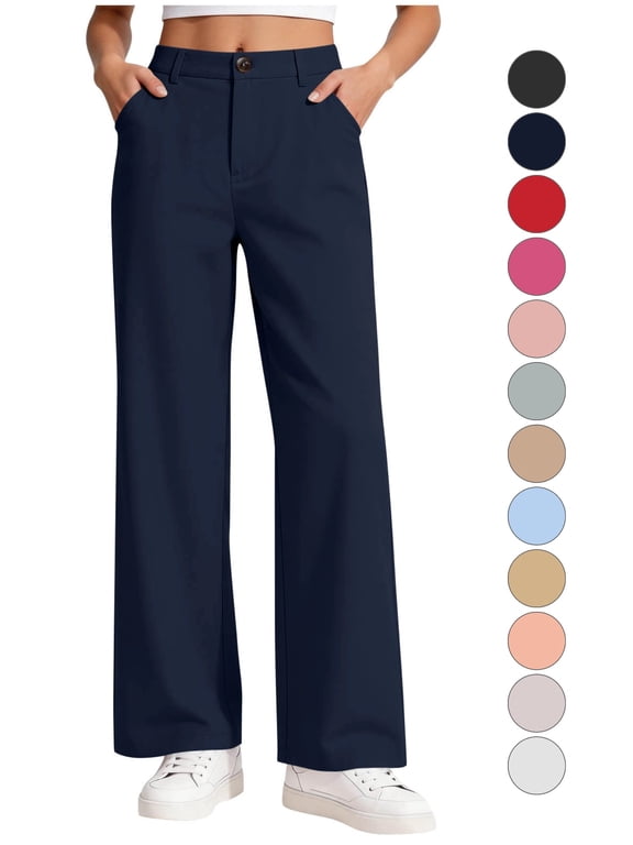 School Uniform Pants Girls Back Elastic Waist Straight Leg Pants 5-15Y High Waist Trousers with Pockets School Uniform Casual Daily Wear