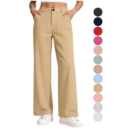 School Uniform Pants Girls Back Elastic Waist Straight Leg Pants 5-15Y High Waist Trousers with Pockets School Uniform Casual Daily Wear