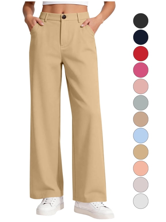 School Uniform Pants Girls Back Elastic Waist Straight Leg Pants 5-15Y High Waist Trousers with Pockets School Uniform Casual Daily Wear