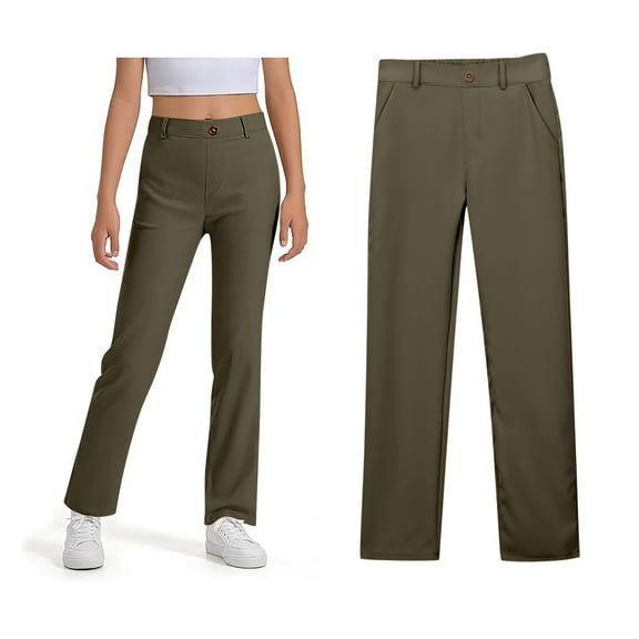 School Uniform Pants for Girls Skinny Fit Kids Dress Pants with Pockets Straight Pants Army Green School Pants for Girls Back To School Outfits for Girls Kids Clothes for Girls 7-8 Years