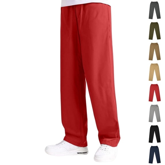 School Uniform Pants for Boys Elastic Waist Straight Loose Fit Red Uniform Pants Boys Back to School Clothes Size 7-16 Years
