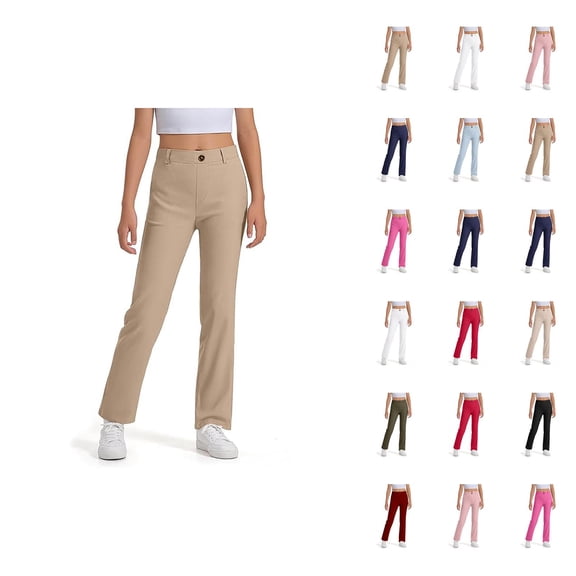 School Uniform Pants for Girls Boys 2025 Casual Stretchy Elastic Waist Straight Leg Dress Pants with Pockets