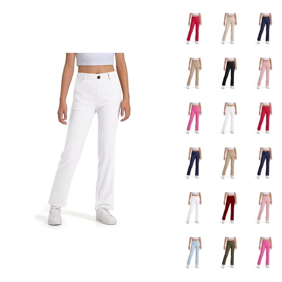 School Uniform Pants for Girls Boys 2025 Fashion Stretchy Elastic Waist Straight Leg Dress Pants with Pockets