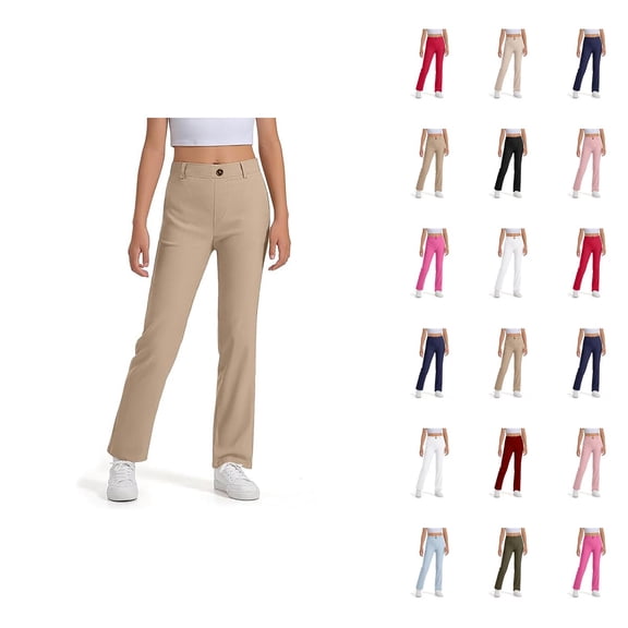 School Uniform Pants for Girls Boys 2025 Fashion Stretchy Elastic Waist Straight Leg Dress Pants with Pockets