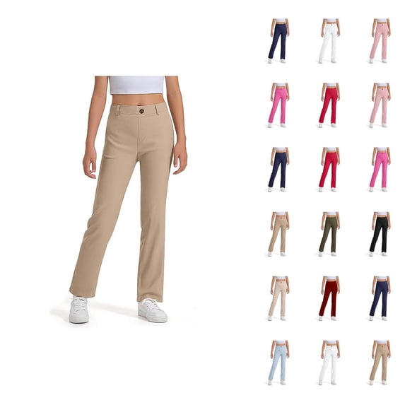 School Uniform Pants for Girls Boys 2025 Trendy Stretchy Elastic Waist Straight Leg Dress Pants with Pockets