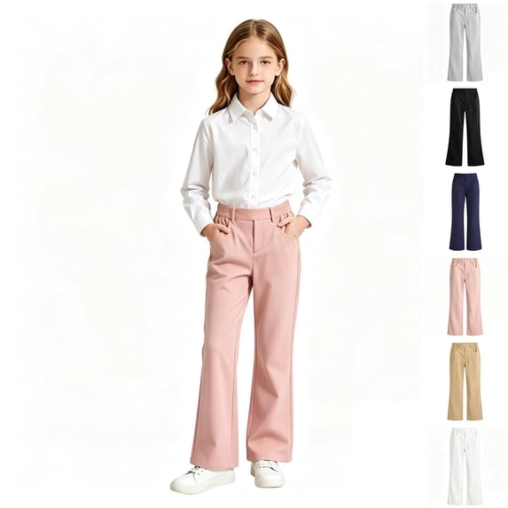 School Uniform Pants for Girls Elastic Waist Bell Bottom Pink School Pants for Girls Back to School Clothes Size 5-16 Years