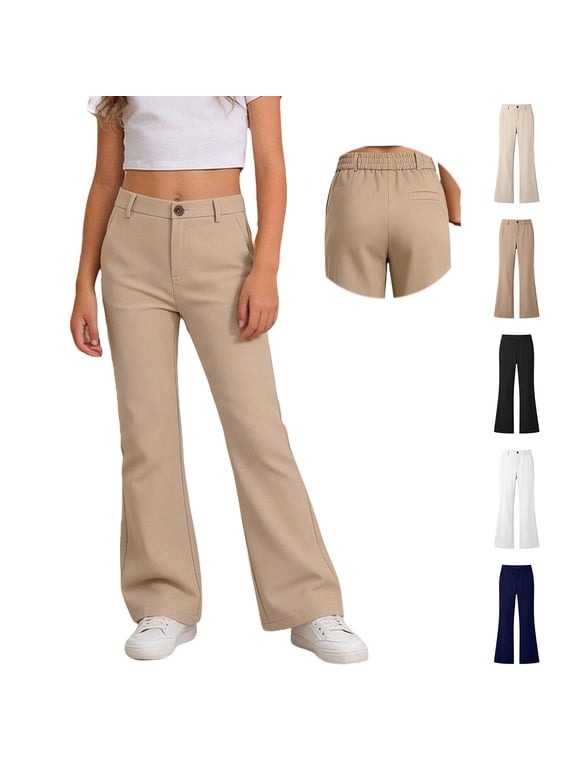 School Uniform Pants for Girls Elastic Waist Front Zipper Flare Pants Khaki Uniform Pants Back to School Clothes Size 5-16 Years