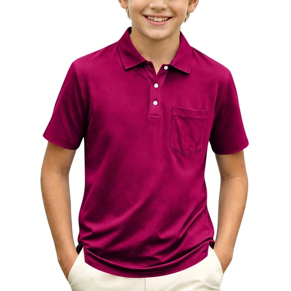 School Uniform Performance Polo Shirts for Boys Short Sleeve Button Up Collared Polo Shirt with Pocket Moisture Wicking Golf Shirt Kids Youth Casual Dry Fit Athletic Clothes,Dark Purple 130(7-8Y)