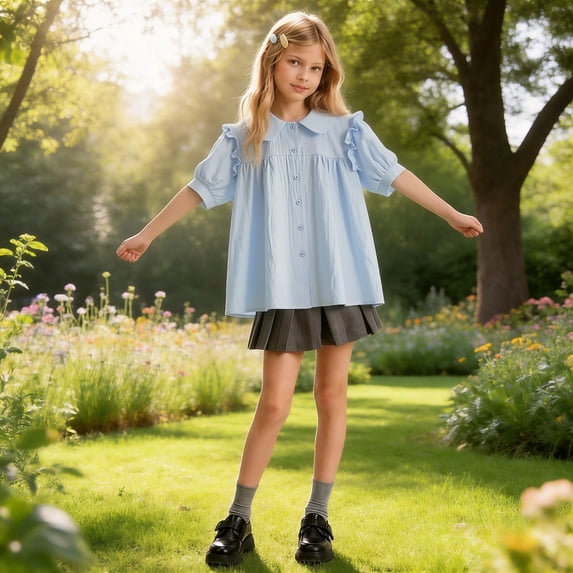 School Uniform Shirts Girls Solid Button Down Short Sleeve Blouse Summer Top Girls T Shirts Light Blue 5-6 Years