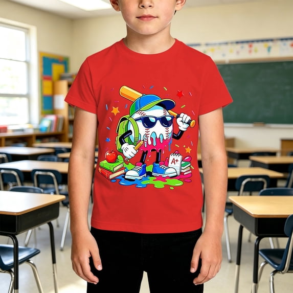 School Uniform Tshirts Boys Casual Print Crewneck T Shirt Short Sleeve School Top Boys Graphic Tees Red 1-2 Years