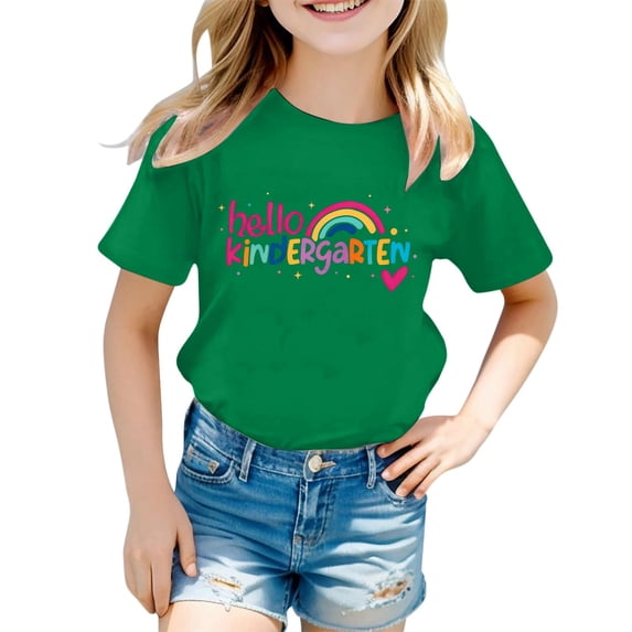 School Uniform Tshirts Children Letter Graphic T Shirt Short Sleeve Crewneck Top Girls Graphic Tees Dark Green 6-7 Years