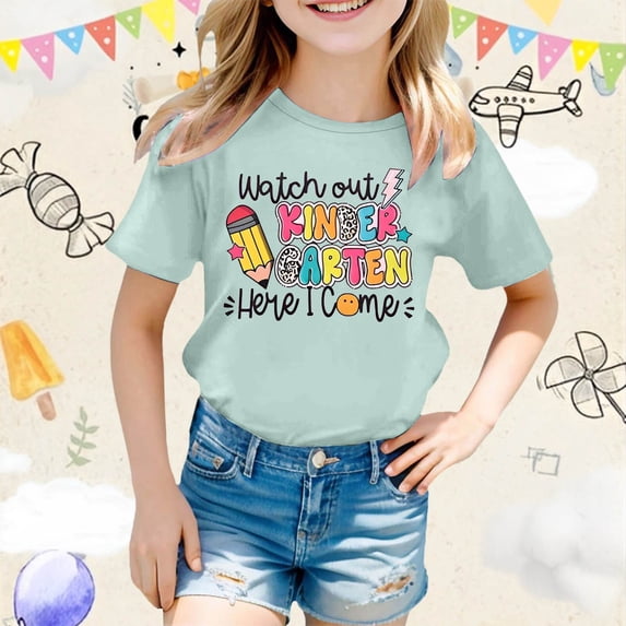 School Uniform Tshirts Children School Season Cartoon Print Tee Short Sleeve Girls Boys Graphic Tees Mint Green 10-11 Years