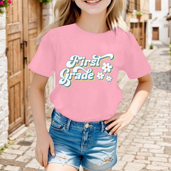 School Uniform Tshirts Girls Cartoon Letter Print T Shirt Short Sleeve Loose Top Boys T Shirts Pink 12-24 Months