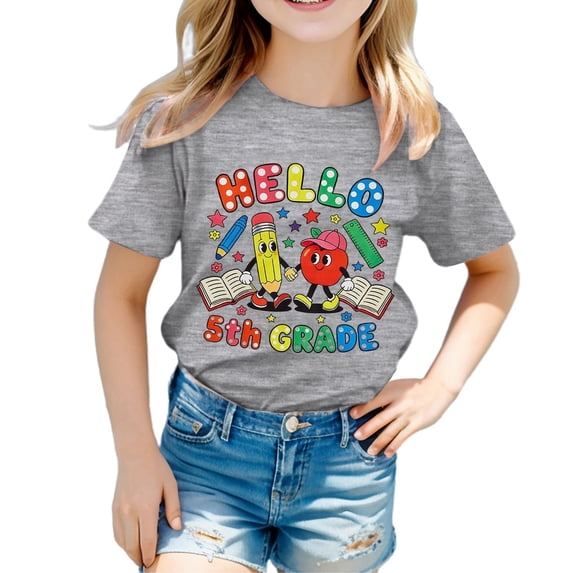School Uniform Tshirts Girls Printed Crewneck T Shirt Short Sleeve Casual Summer Top Girls T Shirts Grey 4-5 Years