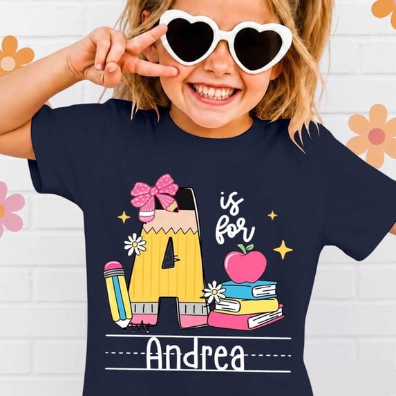 School Uniform Tshirts Kids Back to School Print Tee Short Sleeve Round Neck Top Girls Graphic Tees Dark Blue 6-7 Years