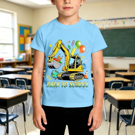 School Uniform Tshirts Kids Print Round Neck T Shirt Short Sleeve Casual Boys Top Girls Graphic Tees Light Blue 8-9 Years