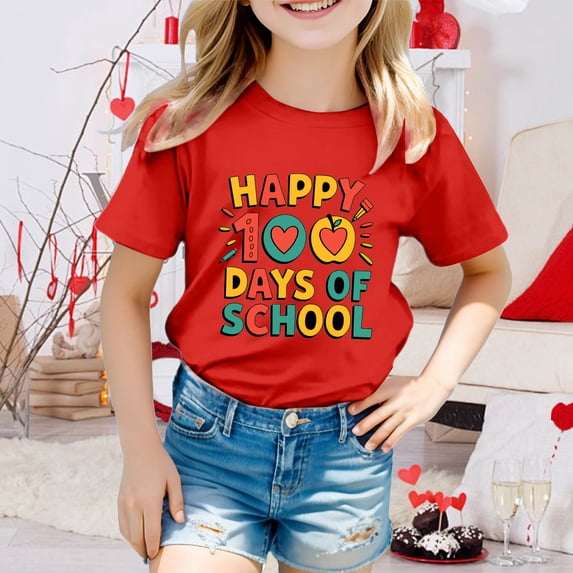 School Uniform Tshirts Kids School Season Graphic Tee Short Sleeve Round Neck Top Girls Graphic Tees Red 6-7 Years
