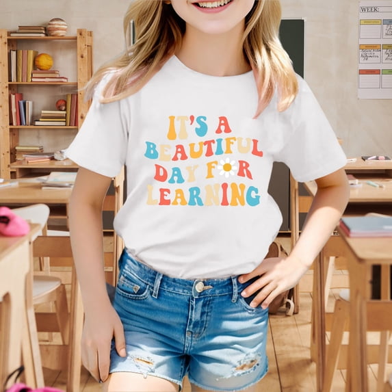 School Uniform Tshirts Kids School Season Graphic Tee Short Sleeve Round Neck Top Girls Graphic Tees White 120