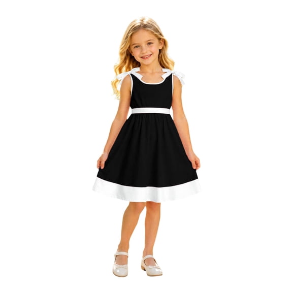 School Uniform for Girls Cinched Waist Bowknot Ruched Sleeveless Crew Neck Patchwork Print Dress Back-To-School Girls Dresses 5-6 Years