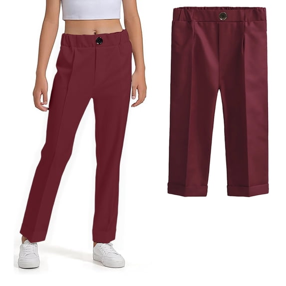 School Uniform for Girls Dress Pants Elastic High Waist Skinny Pants with Pockets Girl Red Uniform Pants Back To School 6-7 Years Pants