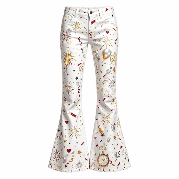 School Uniform for Girls Graphic Print Elastic Waistband Stretchy Flared Long Pants with Pockets Back To School Pants for Girls White 5 Years-6 Years
