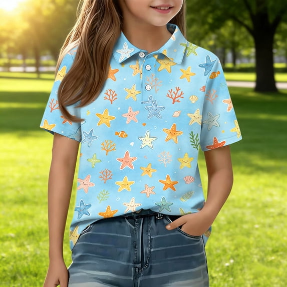 School Uniform for Girls Henley Short Sleeve Cute Cartoon Animal Print Polo Shirts Button Closure Causal Active T Shirts, 160