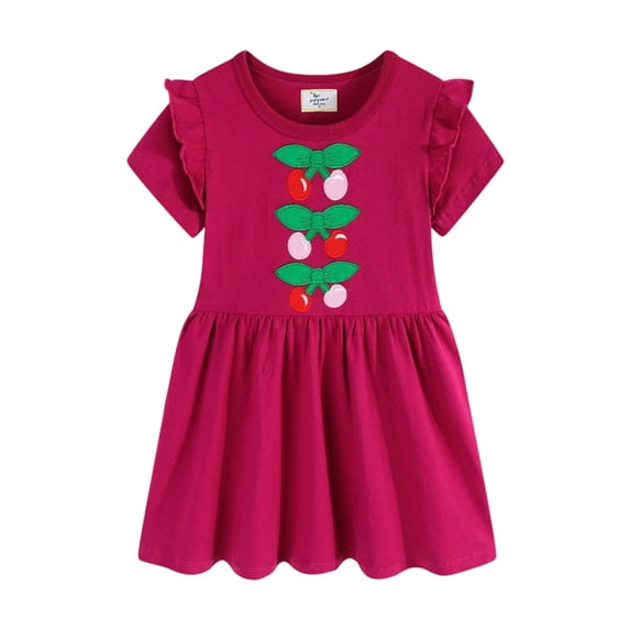 School Uniform for Girls Ruffle Ruched Short Sleeve Crew Neck Cartoon Print Breathable Dress Back-To-School Dresses for Girls 2 Years
