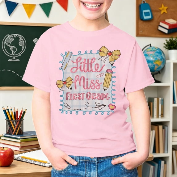 School Uniform for Girls Short Sleeve Graphic Tees Back to School Cartoon Print Crewneck Fashion Casual Campus Kids T Shirts Size 9-10Y