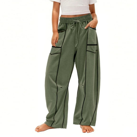 School Uniforms Pants for Teen Girls New Teen Girls Solid Color Baggy Wide-Leg Pants Casual Elastic-Waistband Pocket Pants Style B-11 Army Green 120