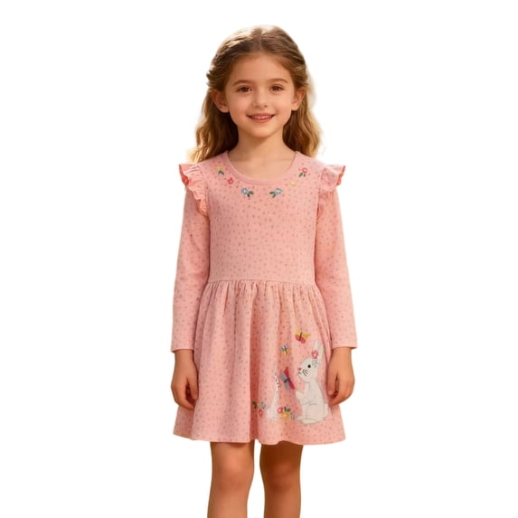 School Uniforms for Girls Ruffle Long Sleeve Crew Neck Cartoon Print Dress Back-To-School Girls Dresses 2 Years