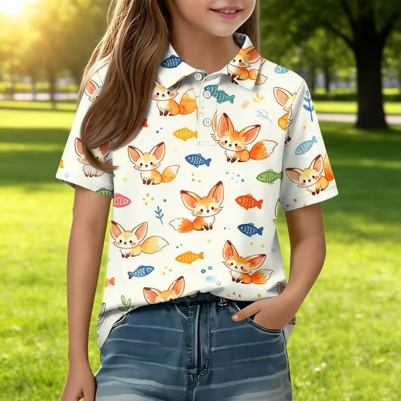 School Uniforms for Girls Short Sleeve Henley Cute Cartoon Animal Print Polo Shirts Button Closure Active Causal T Shirts, 110