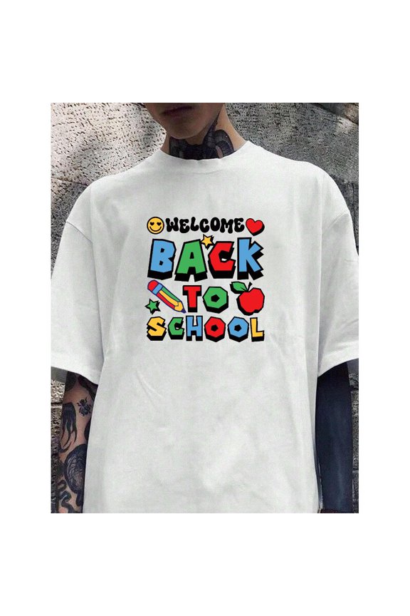 School Welcome Graphic Tee T-Shirt Playful Cotton Top Design Casual Short Sleeve Crew Neck White S-5XL