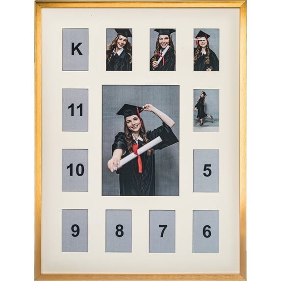 School Years Aluminum Metal Collage Picture Frame - Displays One 5x7 Photo and Twelve 2.5x3.5 Openings, K-12 Keepsake Gold